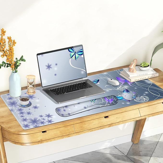 Cute Butterfly Desk Mat, Florals 4 in1 Large Gaming Mouse Pad Set, Ergonomics Keyboard Pad with Memory Foam Wrist Rest, Extended Game Mousepad Non-Slip Desk Protector Matt Easy Typing Pain Relief