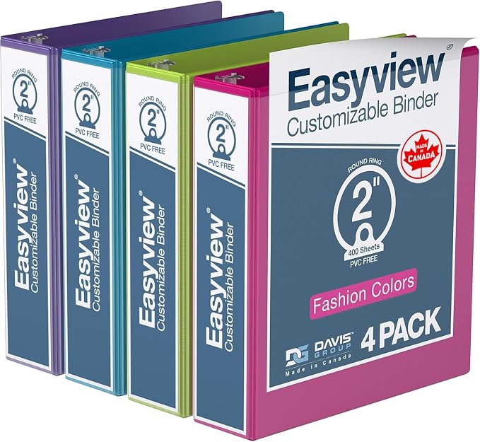 Easyview 3-Ring Binder, Clear-View Cover, 2" Round Rings, 4 Pack | Heavy-duty binder, fits 8.5" x 11" paper, fashion colors, customizable cover, made in Canada, ideal for school or office use