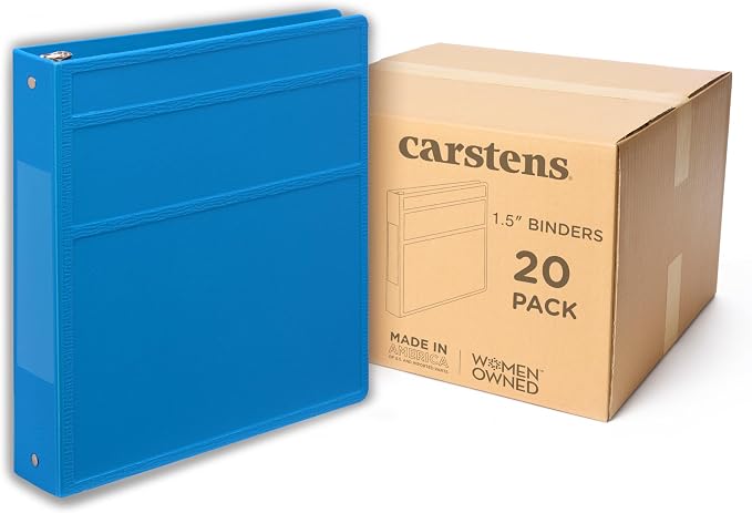 Carstens 1.5-Inch Heavy Duty 3-Ring Binder - Side Opening, Pool Blue, Durable Plastic, No-Gap Rings, Waterproof Cover No Pockets, Holds 250 US Letter Sheets, BPA-Free, Made in USA (1541-3R) Case of 20