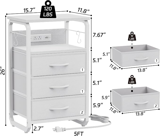 runjuly End Table Small with LED Light, Charging Station, and Hooks, White | 3 Fabric Drawer Storage, Type C & USB Ports & Power Outlets, Modern Nightstand for Living Room / Bedroom / Dorm