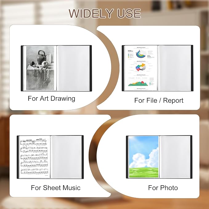 A3 Plastic Presentation Book with 20 Pockets, 2 Pack | PP Material Clear Sleeves Project Folder, Portfolio Organizer for Documents, Artwork, Office & School Supplies (Black)