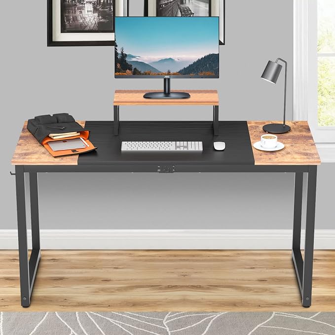 PayLessHere Computer Desk with Monitor Riser Writing Large Table Home Office Hook Modern Student Study Desk with Stable Structure, Nature