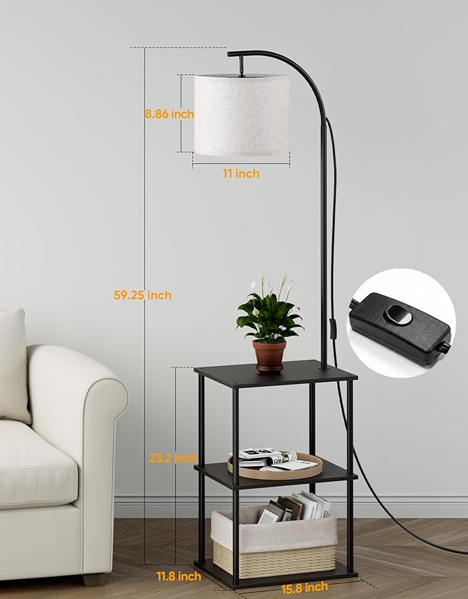 Floor Lamp with Table, Night Stand with Lamp, Narrow Side Table with 3CCT LED Bulb, Small Coffee Table, Modern End Table with Storage Shelves for Living Room Bedroom Home Décor, Black