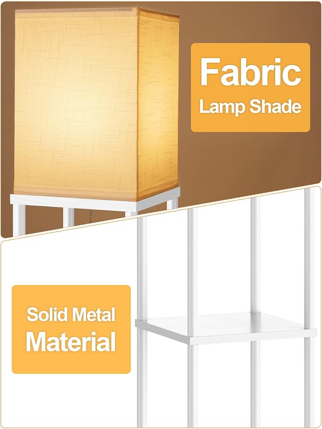 Floor Lamp with Shelves for Living Room 2 Pack, Shelf Floor Lamp with 3 CCT LED Bulb, Corner Display Standing Column Lamp Etagere Organizer Tower Nightstand with White Linen Shade for Bedroom, White