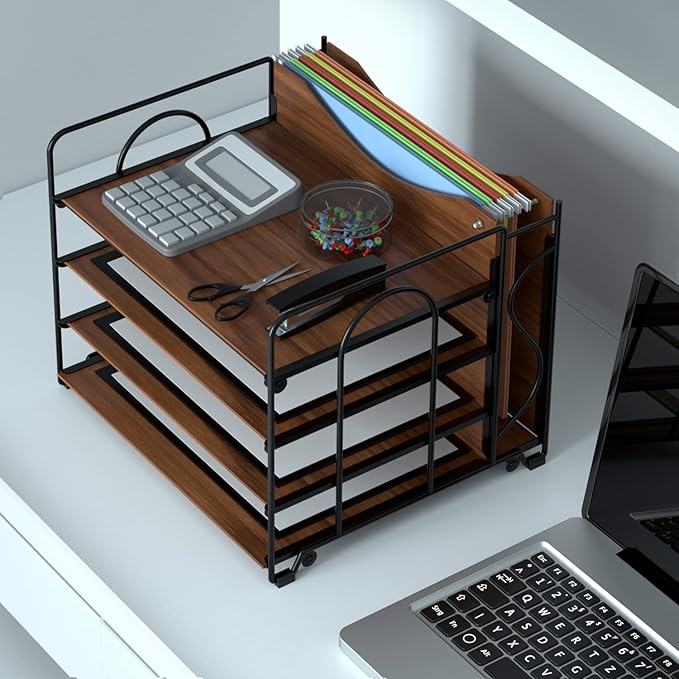 LUCYCAZ File Organizer for Desk,Desktop File Paper Organizer | 4 Tier Wood Desk Organizer for Hanging File Folders Letter Size or A4 Size for Office School and Home, Black