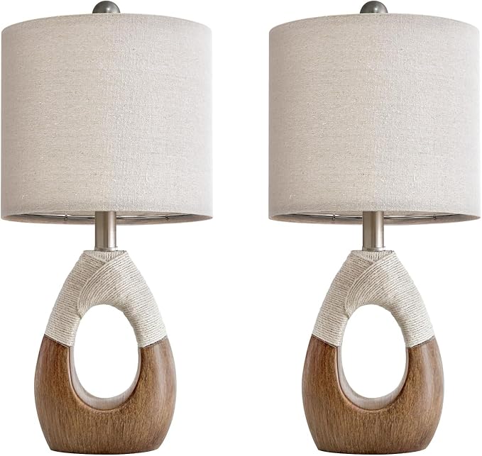 Boho Table Lamps Bedroom Living Room Set 2,Suitable for Small Space,Farmhouse RattanTable Lamp 19”Rustic Egg Design Resin Light Decoration,Nightstand Bedside Lamps for Office Study Rest