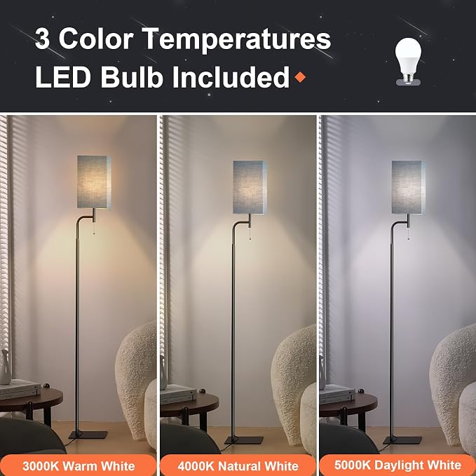 Modern Floor Lamp with 3 Color Temperatures, Square Linen Shade & Solid Iron Flat Base for Stability - Perfect for Compact Spaces Under Sofas or Behind Sectionals, Living Room, Bedroom, Office, Blue