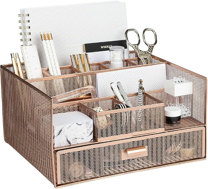 BLU MONACO Large Rose Gold Desk Organizer | 12-Compartment Metal Mesh Desktop Organizer with Drawer | Office Supplies & File Holder for Home Office, Workspaces, Vanity & Craft Storage
