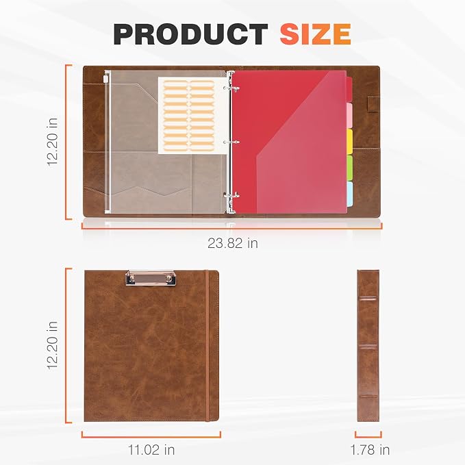 Eyrozill Professional Leather Portfolio with Clipboard, Zipper Pouch, 5 Sheets Plastic Dividers，Leather 3 Ring Binder 8.5 x 11, 1-inch Round Rings, Brown