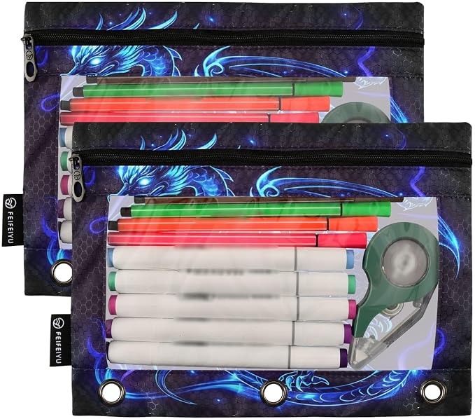 Dragon Blue Black Pencil Pouch for 3 Ring Binder, 2 Pack Waterproof Pencil Bags Clear Window Pencil Case Zipper School Office Supplies