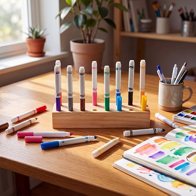 Cinnvoice Wooden Marker Stand Marker Pen Holder Storage Organizer for Classroom Display Stand Paint Brush Holder for Organization Storage Supplies (Single Layer)