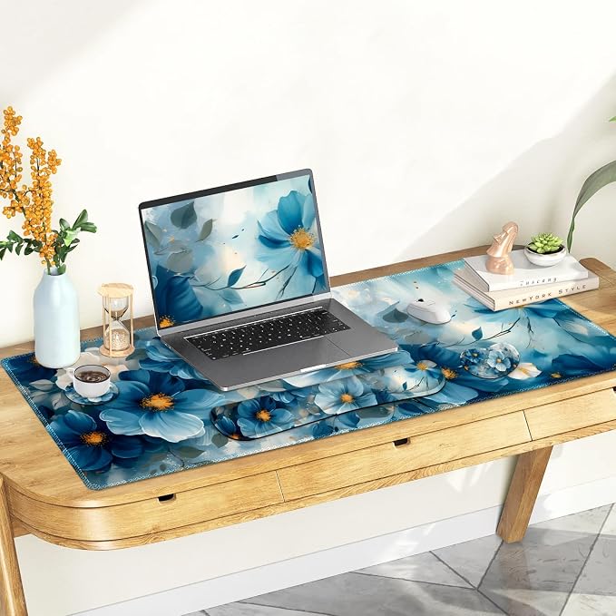 Desk Mat Pad, Gaming Mouse Pad Wrist Support Set, 4 in1 Non-Slip Large Mousepad + Ergonomic Design Keyboard Wrist Rest+Mouse Wrist Rest+Coaster for Home Office Computer I Blue Floral Watercolor