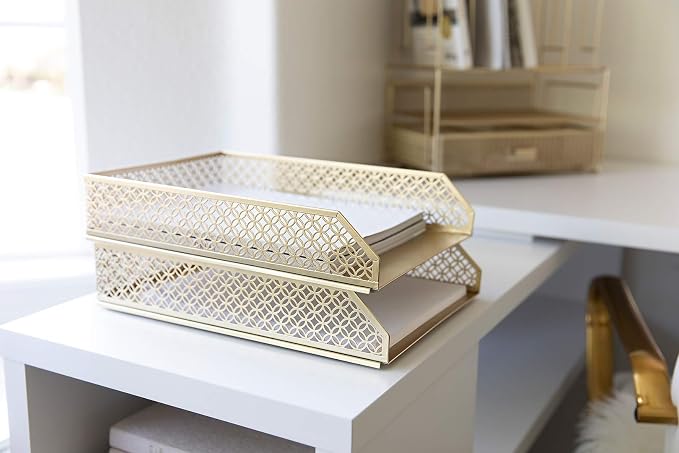 BLU MONACO | Paper Tray Stackable Gold Set of 2 | Stackable File Trays for Desk Organization | Tiered Desk Organizer with Metal Letter Trays