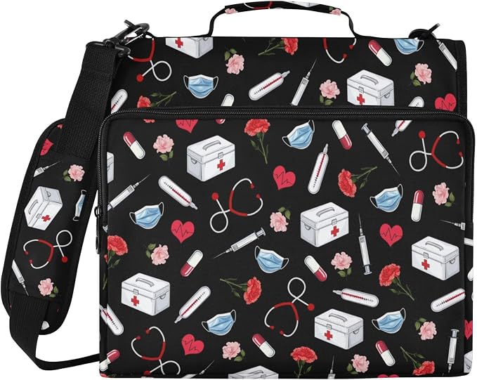 Nurse Print Zipper Binder File Organizer Bag 3 D-Ring | with Shoulder Strap, Holds 500 Sheets & 14in Laptop, 3 Ring Binder for Office Supplies