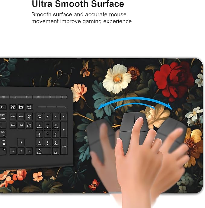Floral Aesthetic Rose Gaming Mouse Pad, Black Dark Botanical Desk Mat with Anti-Slip Base & Stitched Edges, Office & Home Desk Decor for Women, 35.4" x 15.7" in Computer Desktop Mat
