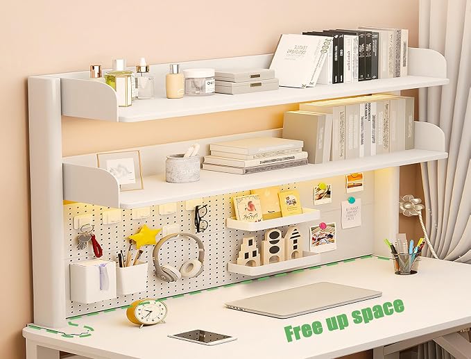 31.5 Inch Clip-on Desktop Organizer Bookshelf with Pegboard, Desk Shelf Organizer, Multipurpose Computer Desk Desktop Bookshelf, Desk Extender Pegboard Clamp, Desktop Display (White)