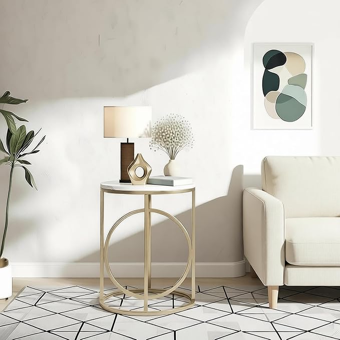 LITTLE TREE 20” Round End Table，Modern Sofa Side Table with Gold O-Shaped Base, Faux Marble White Cocktail Table Accent Table Nightstand for Living Room Bedroom