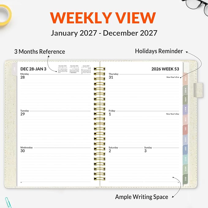 SUNEE 2027 Weekly & Monthly Planner 6.2"x8.5"- 12 Month (January 2027 - December 2027), Vegan Leather Cover, Pocket, Bookmark, Notes, Monthly Tab, Beige