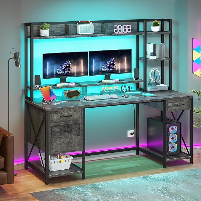 YITAHOME 59" Computer Desk with Hutch, Drawers, Power & LED, Gaming, Grey | Hutch & Drawers, Built-in Power Outlets, LED Lights, Storage Shelves, for Home Office Gaming, Easy Assembly
