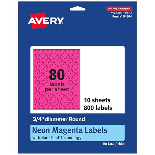 Avery® Printable Round Labels, Sure Feed® Technology, 3/4" Diameter, Neon Magenta Labels, Print-to-the-Edge, Laser/Inkjet, 800 Total, Great for Price Stickers and Mailing Seals