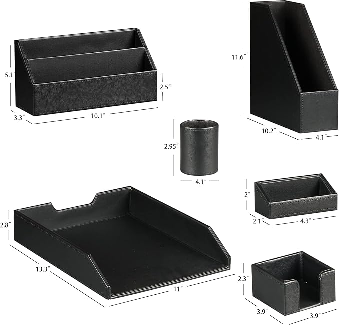 Ayunga PU Leather 6-piece Office Supplies Combination Set,Pencil Cup,Business Card Holder,Sticky Note Dispenser,Mail Sorter,Letter Tray,Files Holder,Suitable for Self-use and Friend Gifts(Black)