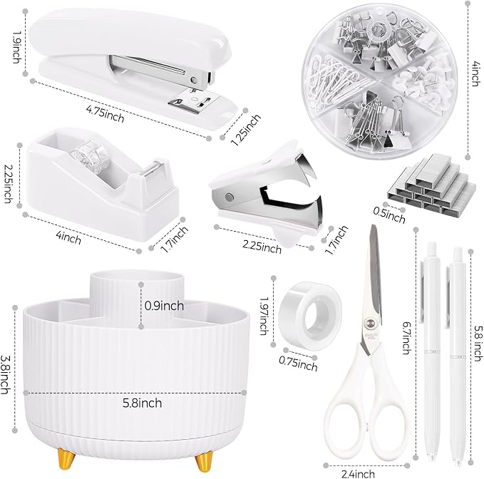 SKYDUE White Office Supplies Set, Office Desk Accessories 10PCS, Pencil Holder for Desk, Stapler, Tape Dispenser, Scissors, Ruler, Binder/Paper Clips and 1000pcs Staples,Desk Supplies Set