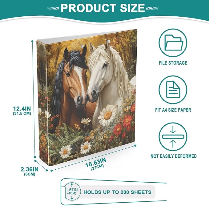 3 Ring Binder Horses with Flower 1.5" Round Ring Binders View Binder with 200 Sheet for Women Men Office Kids School Supplies, 1 Pack
