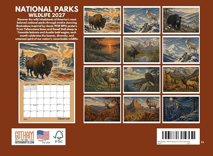 National Parks Wildlife Vintage Travel Poster Calendar 2027 Monthly Wall Calender 12 Month