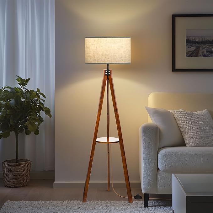 EOEYYOYB Floor Lamps with Shelf, Modern Standing Lamp with 3 Color Temperature Led Bulb, Tall Lamps with Foot Switch for Living Room Bedroom and Office, Walnut