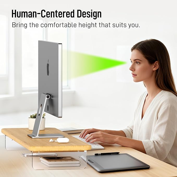AFOOYO Bamboo Monitor Stand Riser, 31.5 In Computer Riser Desk Organizer | Desk Organizer Adjustable Arylic Feet Computer Monitor Stand, Desk Shelf for Office