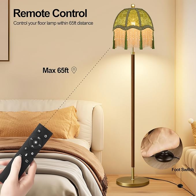 Wood Floor Lamps for Living Room Vintage Floor Lamp with Remote Control & 3 Color Temperature,Dimmable Floor Lamp Mid Century Modern Standing Lamp Green Fringe Tall Floor Lamp for Bedroom Corner