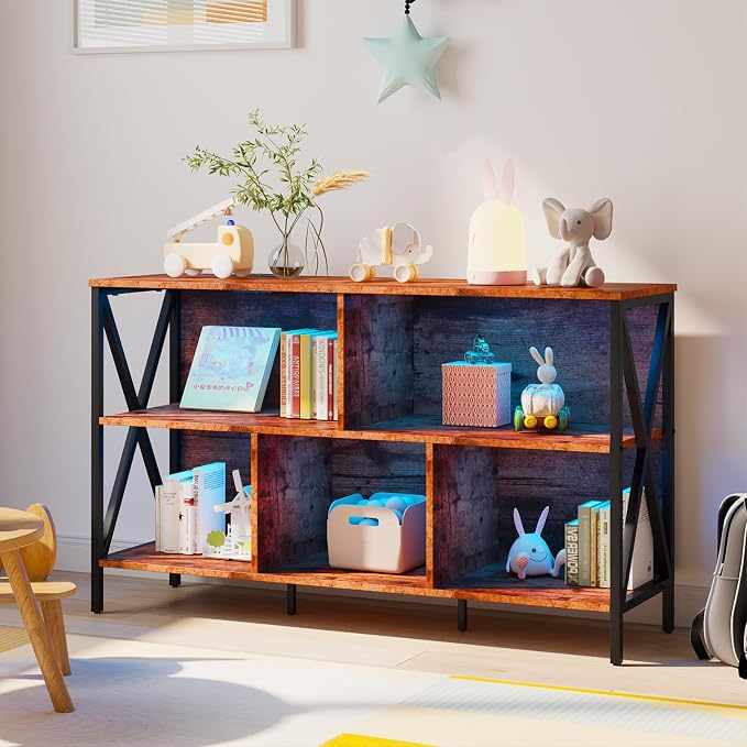 Adompacat 47" 5 Cube LED Bookshelf, Industrial Horizontal Storage Organizer, Wood Metal Low Wide Cubby Bookcase with LED Lights, Open Shelf for Living Room Bedroom Game Room(47 in, Brown)