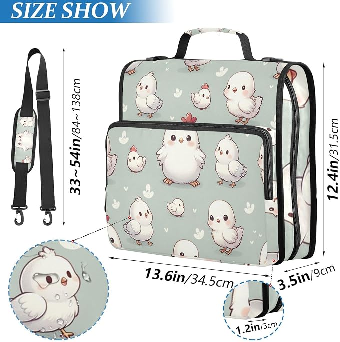 Cute Animal Chicken Farm Zipper Binder Bag 3 Ring Binder with Shoulder Strap Zip Up 500 Sheets Capacity Multi Pockets for School Office Supplies