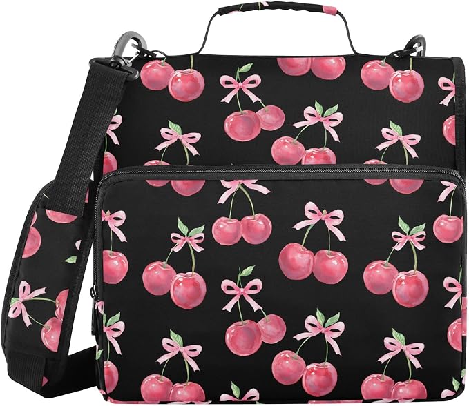 Watercolor Cherry Bow 3 Ring Binder Bag 1.5 inch Binder Organizer with Zipper Shoulder Strap 500 Sheet Documents Storage for School Office