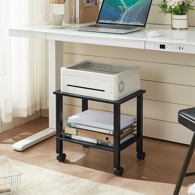 YUFAM 2 Tier Under Desk Printer Stand with Storage, Black | Wooden Small Printer Table for Home Office, Rolling Printer Cart Shelf with Lockable Wheels