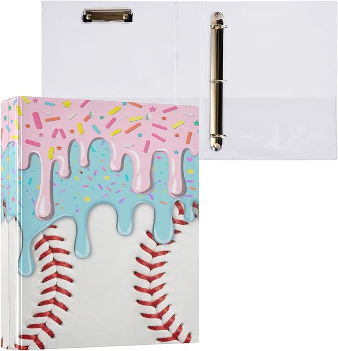Baseball Red White Stripe Pattern Round Ring Binders 1.5 Inch Softball Sports 3 Ring Clipboard Binder for Office School Work Supplies File Folder 200 Sheet Capacity 2 Pieces
