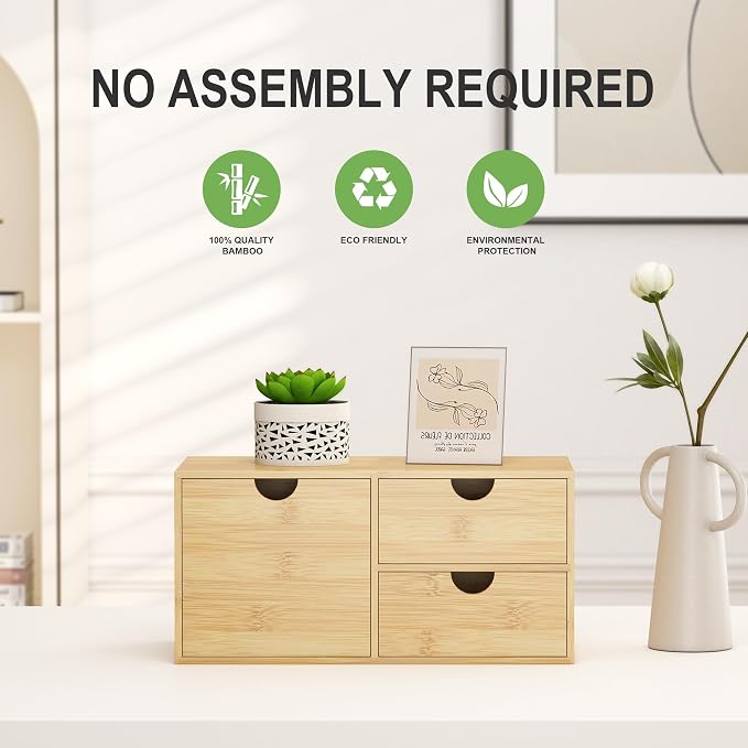 Bamboo Desk Organizer with Drawers, Desktop Storage Box for Office Supplies | 3 Drawers Desktop organizer, No Assembly Required, Natural Wood Wooden Desktop Drawers for Bills, Cosmetics, Seals, Paper