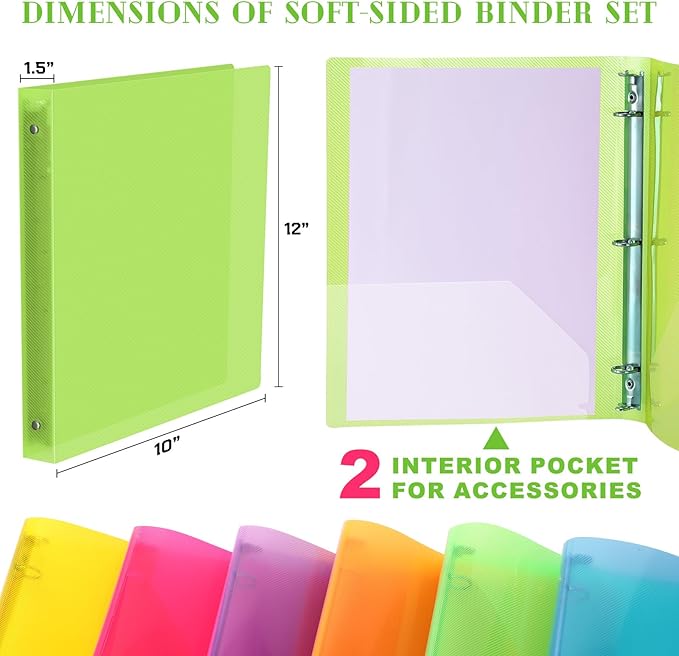 Fulmoon 6 Pack 1.5 Inch Plastic 3 Ring Binders with Pockets, Neon Colors | Flexible Covers with Round Rings and Front Pockets for Organizing Papers at School, Office, Meetings and Presentations