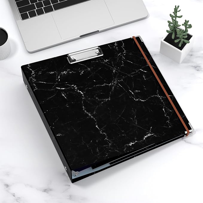 3 Ring Binder, 3 Inches Round Ring Binder with Clipboard, Dividers Tabs, PVC Zipper Bag Sleeves & to Do List Planners for Women, Men, School, Office Supplies, Black Marble