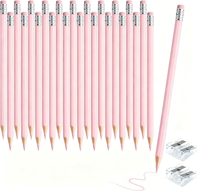 24PCS Macaron Pink Colored Pencils with Eraser Pre Sharpened Pencil 2 HB - Ideal for Checking, Grading, Tests & Office/School Supplies