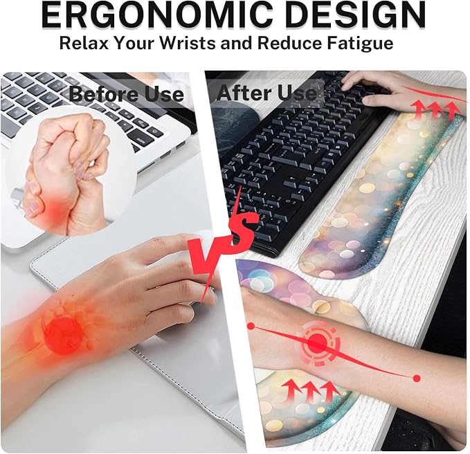 Keyboard Mouse Pad Set, 4 in 1 Desk Mat Set, Pink Blue Glitter | Large Mousepad+Keyboard Wrist Rest+Mouse Wrist Rest+Coaster Ergonomic Design for Home Office Computer