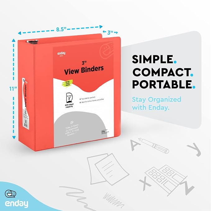Enday 3 inch Binder (12 Pack - Red) 3 Ring Binder 3 inch with Clear View Cover and 2 Inside Pocket - for Letter Size 8.5 x 11'' Paper, Ideal for School Supplies, Office, and Home