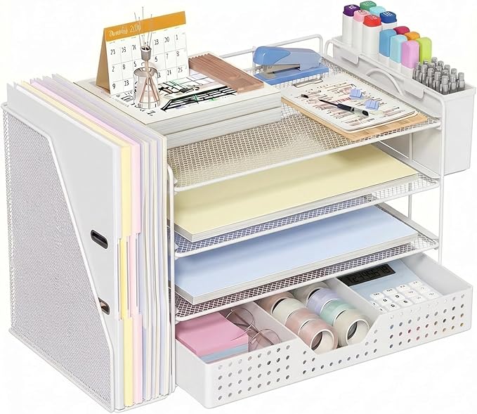 ECOLOVI Desk Organizer, 4-Tier Paper Organizer Letter Tray with File Holder, Drawer and 2 Pen Holders, Desktop File Organizer for Office Supplies, Workspace Storage, White