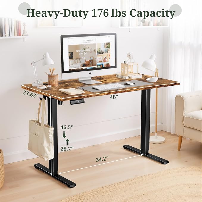 48 x 24 in Electric Standing Desk - Memory Height Adjustable | Ergonomic Sit-to-Stand Rising Computer Table Gaming Workstations with 2 Hooks and Wire Hole for Home Office, Brown