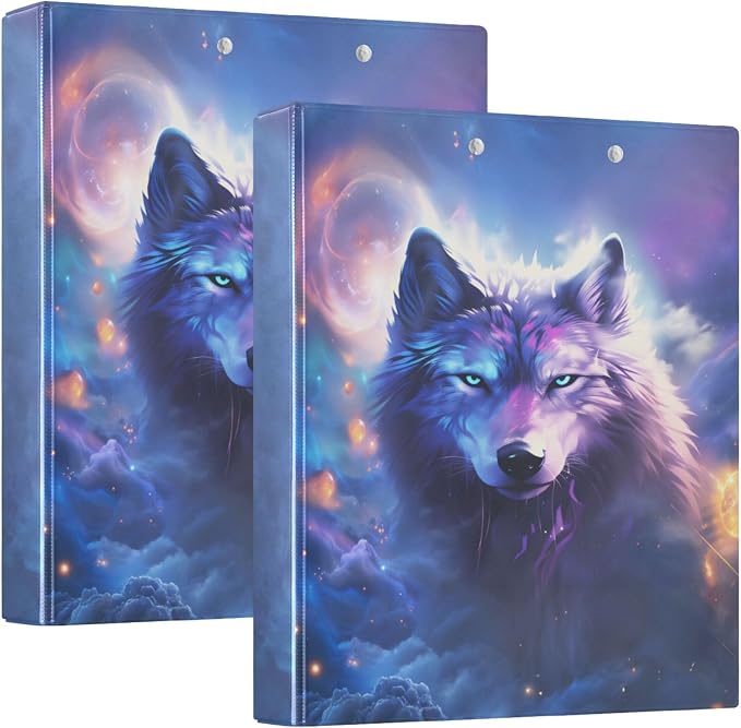 Galaxy Wolf Moon Round Ring Binders 1.5 Inch Space Planet Stars Purple 3 Ring Clipboard Binder for Office School Work Supplies File Folder Document 200 Sheet Capacity Easy Open 2 Pieces