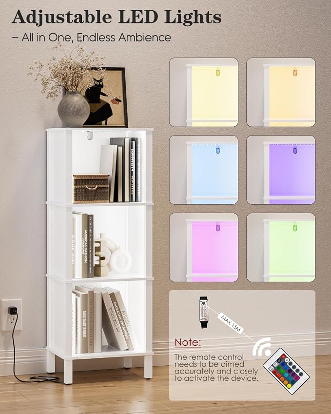 Bookshelf with LED Lights, Modern 3-Tier Bookcase, Open Storage Book Shelf, 11 × 14.2 × 38.9 Inches, Small Narrow Bookshelves for Living Room, Home Office, Bedroom, White