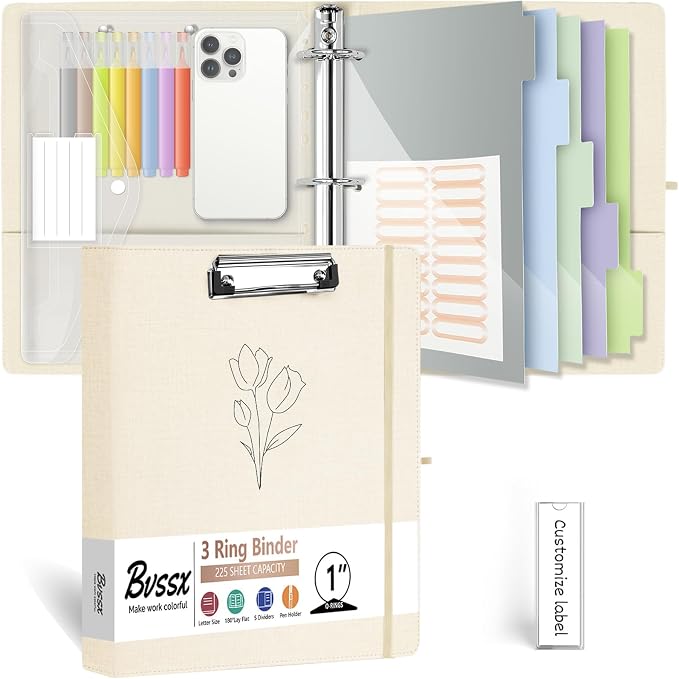 1 Inch 3 Ring Linen Binder Organizer, BVSSX Three Ring Binders with Clipboard, Plastic Folder, 5-Tabs Pocket Dividers with Sticker Labels, Pen Loop, Elastic Strap (Beige, Letter Size)