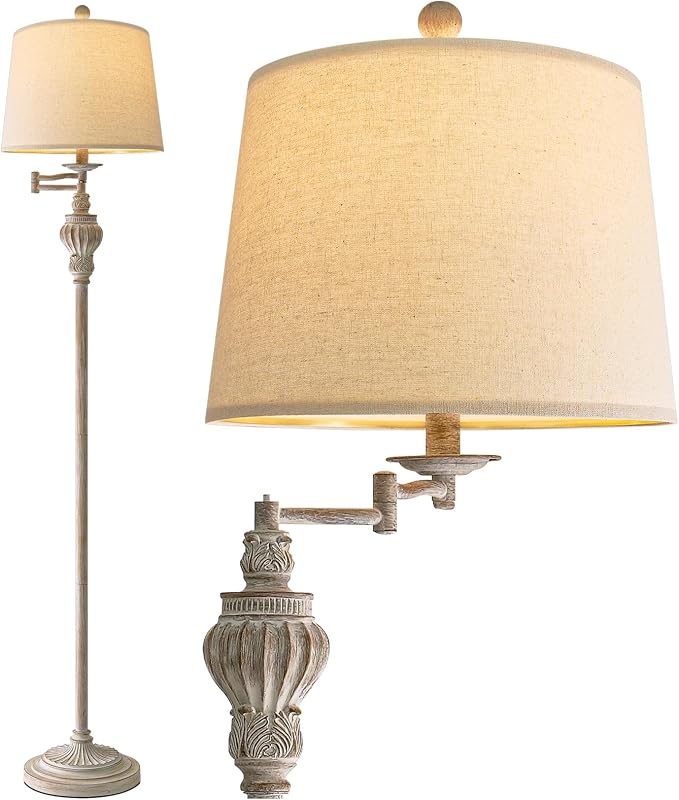 Vintage Floor Lamp with 350° Adjustable Swing Arm 61" Lamps for Living Room | Antique Standing Lamp, Retro White Bedroom Floor Lamp, Mid Century Farmhouse Rustic Traditional Brass Tall Swivel Pole Lamp