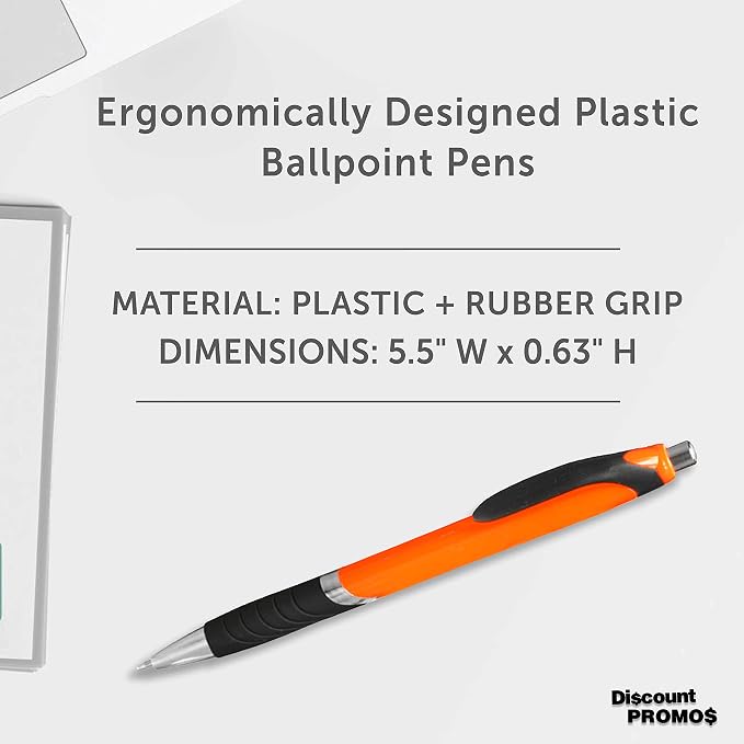 DISCOUNT PROMOS Ballpoint Pens With Rubber Grip - 10 pack - Black Ink Ball Point Pen with Soft Touch Plastic - Orange