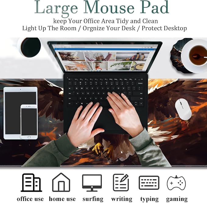 Extended Gaming Mouse Pad 31.5" x 11.8", with Edge Stitching, Non-Slip Rubber Base Keyboard Pad, Suitable for Work, Game, Office, Home and Coasters, Eagle